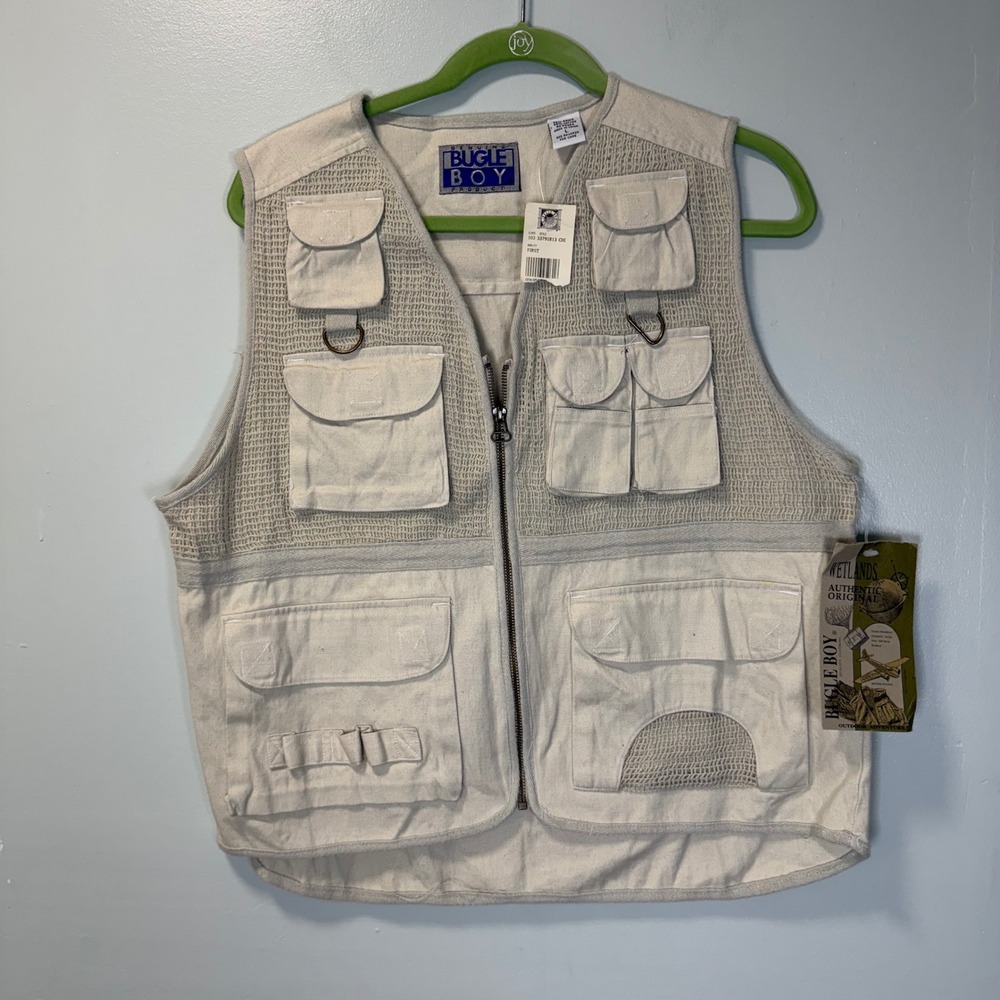 Bugle Boy Vintage Wetlands Mens Utility Fishing Vest Cream Multi-Pocket Zip L